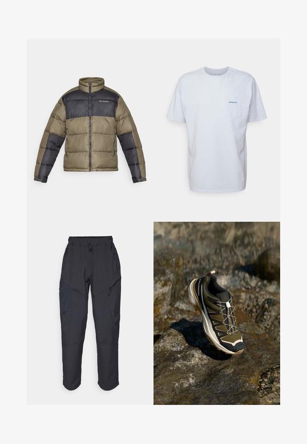 Pufferjakke i olivengrøn og sort, med høj krave, lynlås og quiltet design med polstret tekstur og kontrasterende ærmer.; Hvid bomulds t-shirt med korte ærmer, rund hals og en lomme på venstre bryst med et blåt "Patagonia"-logo. Klassisk pasform med en glat tekstur.; Sorte cargo bukser lavet af et let, vandafvisende materiale; har elastisk talje, flere lynlåslommer og tætsiddende ben.; Vandrestøvle i olivengrøn og sort med pink accenter. Har en tekstureret overdel, fleksibel sål, forstærket tåhætte og farverigt snøresystem.