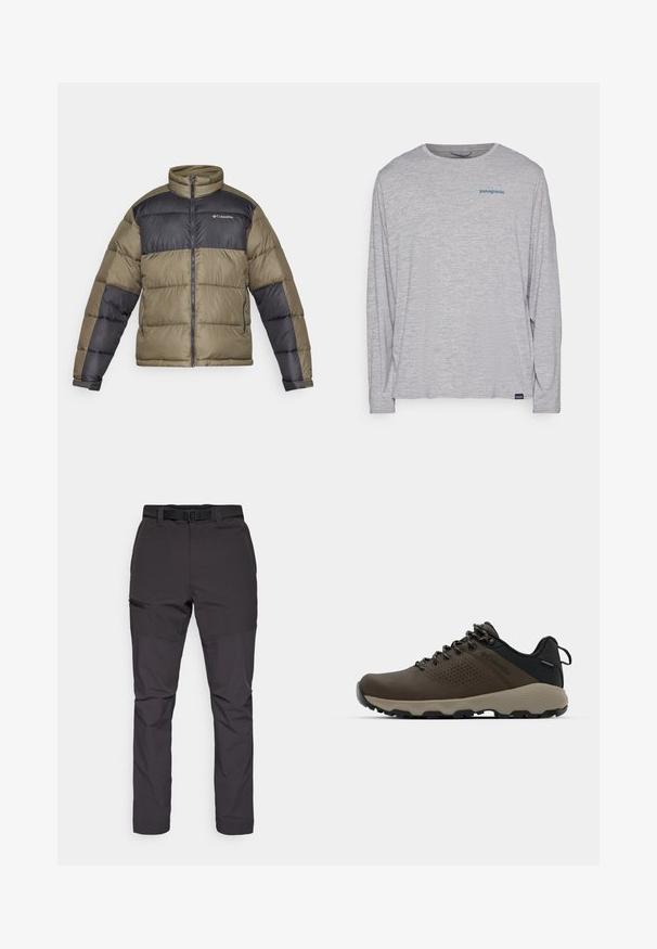 Pufová bunda vo olivovo zelenej a čiernej farbe, s vysokým golierom, zipsovým zapínaním a prešitým dizajnom s polstrovanou textúrou a kontrastnými rukávmi.; Svetlošedé tričko s dlhým rukávom vyrobené z mäkkého, textúrovaného materiálu. Obsahuje okrúhly výstrih a malú modrú Patagonia logo na hrudi.; Tmavošedé, ľahké vonkajšie nohavice so priliehavým strihom, nastaviteľným pásom a zipsovou kapsou na boku. Hladká textúra, univerzálny strih.; Hnedé vodoodolné tenisky s textúrovaným zvrškom, perforovanými detailmi, čiernou oporou päty a šedou gumovou podrážkou. Šnúrky sú ozdobené kovovými koncami.