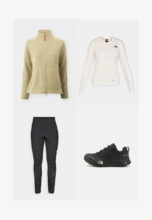 Világos bézs színű polárdzseki magas gallérral, elülső cipzárral és két oldalsó zsebbel. Texturált anyaggal és kontrasztos varrással rendelkezik.; The North Face SHADOW LONG SLEEVE - Hosszú ujjú felső - white dune; Fekete kültéri nadrág, amelyek testhez álló szabással, tartós anyaggal, fényvisszaverő részletekkel és panel varrásokkal rendelkeznek a mozgás szabadságának és a kényelem fokozása érdekében.; Fekete túrázó cipő texturált felsőrésszel, fűzős záródással és vastag gumitalppal, mely oldalán egy kiemelkedő logó és mintázott talpkialakítás található.