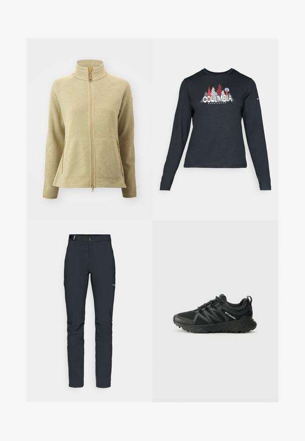 Jachetă din fleece de culoare bej deschis, cu guler înalt, fermoar frontal și două buzunare laterale. Prezintă un material texturat și cusături contrastante.; Cămașă cu mâneci lungi de culoare gri închis, cu un grafic de copaci roșii și munți; logo-ul "COLUMBIA" în text alb îngroșat. Material moale, guler standard de tip crew.; Pantaloni de exterior pentru bărbați, gri închis, fabricați dintr-un material flexibil, cu un brâu, buzunare cu fermoar și cusături consolidate.; Columbia PEAKFREAK - Pantofi drumeție - black