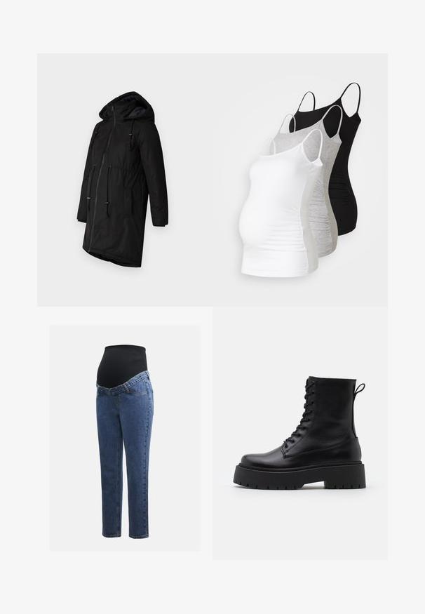 Must võrkvoodriga parka, millel on kapuuts, esi lukuga sulgemine, nööriga talje ja küljetaskud. Sile pind ja matt viimistlus.; Kolm emme tank topi valges, hallis ja mustas värvitoonis. Veniv kangas, reguleeritavad õhuke rihmad ja mugavuse tagavad volditud külgseemed.; Rasedusjeansid sinise denimi jalgadega ja musta veniva kõhuplaadiga, mis on mõeldud toetama ja katma kasvavat kõhtu.; Mustad mustad nahast pahkluu saapad ümarate varvastega, nööridega esiosas ja paksu kummist talla ning tekstuuritud mustriga. Tagumine tõmbeaas.