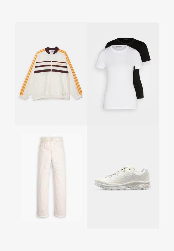 adidas Originals TRACK TOP - Treningsjakke - off white/shadow brown; To korte ermer T-skjorter i svart og hvit. Laget av glatt bomull, med klassisk rund hals og vanlig passform.; Hvite denimjeans med rett ben-design, fem-lomme stil, og kobberdetaljer. Rå sømfinish ved anklene.; Hvit løpesko med pustende mesh-overdel, teksturerte detaljer og polstret såle. Har et hurtiglissesystem for enkel tilpasning.