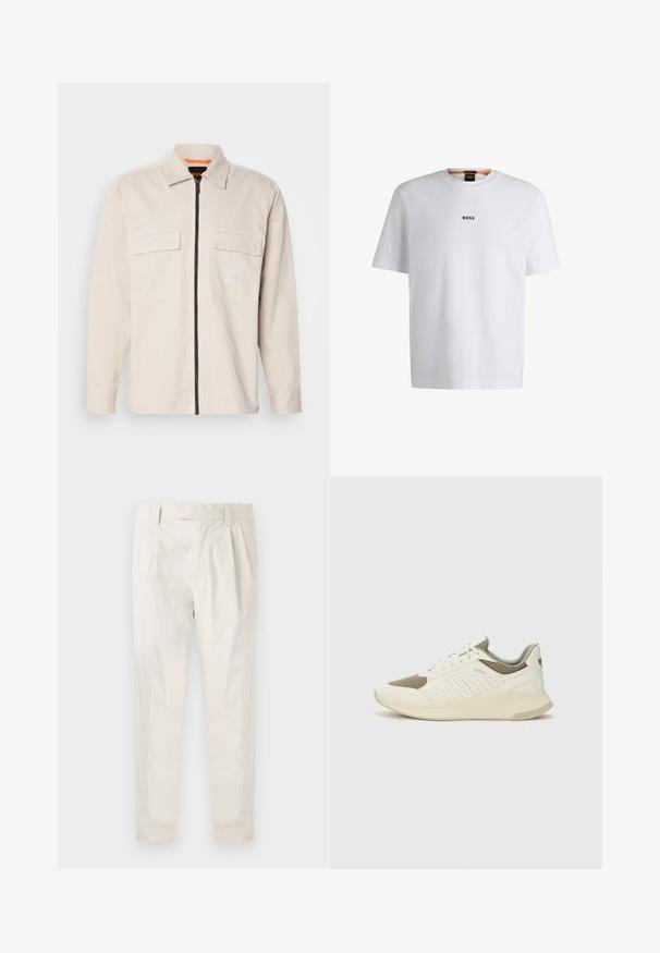 Beige zip-up jacka med krage, två bröstfickor och en logotypapplikation. Har svart dragkedja och mudd, tillverkad av ett mjukt tyg.; Vit bomull T-shirt med korta ärmar, med en svart "BOSS"-logotyp centrerad på bröstet och en rund nackdesign.; Vita, plisserade byxor med skräddarsydd passform, med en mjuk yta, bälteshängare och avsmalnande ben. Inga synliga fickor eller mönster.; Vit och ljusbeige atletisk sneaker med ett meshöverdrag, perforerade detaljer och en texturerad mellansula med varumärke på hälen.