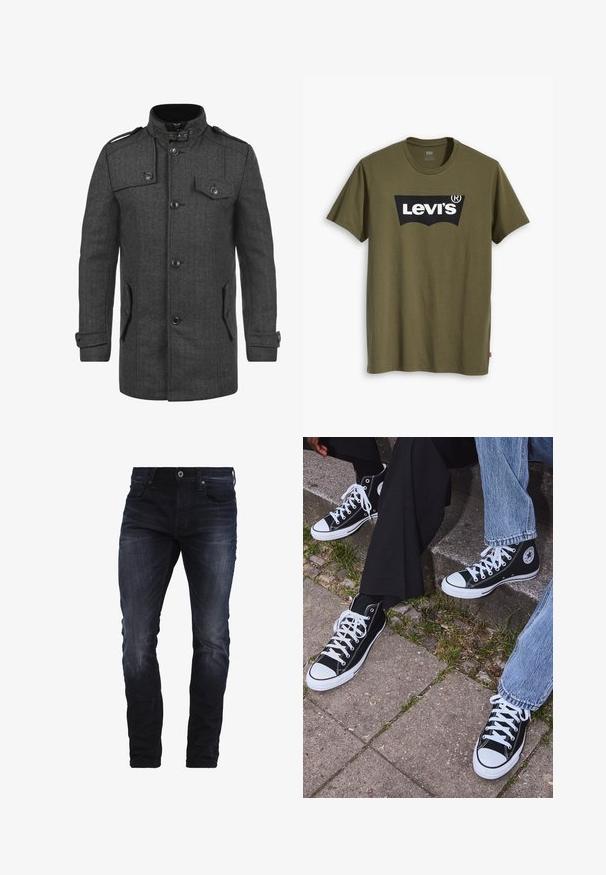 Herringbone patterned dark grey coat with a high collar, four front pockets, buttons, and shoulder epaulets; made from textured fabric.; Olive green cotton t-shirt featuring a large black Levi's logo in a contrasting semi-arched shape across the chest. Regular fit.; Dark blue slim-fit jeans with slight fading on thighs and knees, featuring front pockets, belt loops, and a button closure.; Black high-top canvas sneakers with white rubber soles and laces, featuring a circular logo on the side and paired with denim and black pants.