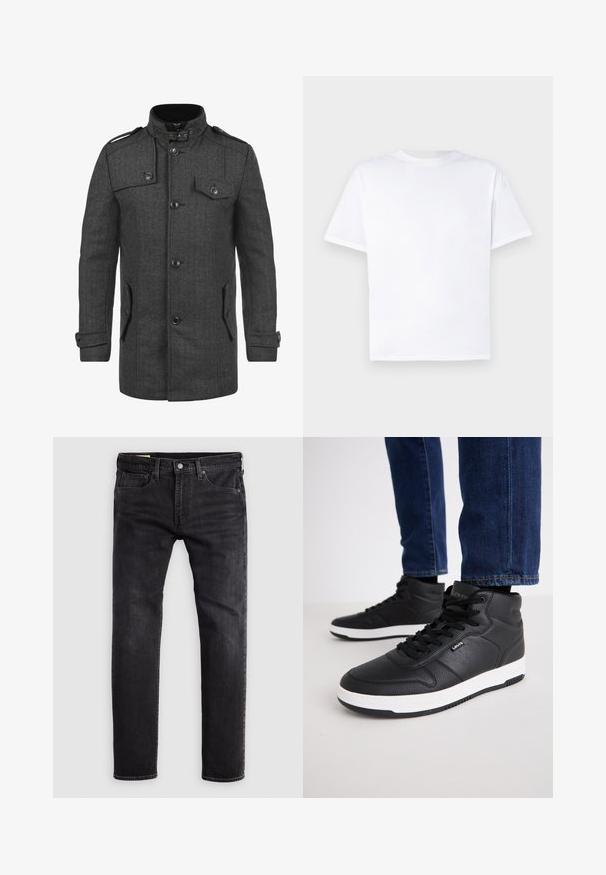 Płaszcz w ciemnoszarym kolorze z wzorem jodełki, z wysokim kołnierzem, czterema przednimi kieszeniami, guzikami i naramiennikami; wykonany z tkaniny o fakturze.; Biała bawełniana koszulka z okrągłym dekoltem i krótkimi rękawami. Gładka faktura, prosty krój, bez wzorów i akcentów. Widok z tyłu.; Czarne dżinsy z prostym krojem, wyposażone w pięć kieszeni, z zapięciem na guzik i widocznymi szwami wzdłuż szwów.; Czarne wysokie trampki wykonane z teksturowanej skóry, z czarnymi sznurówkami, białą gumową podeszwą i małym logo z boku.