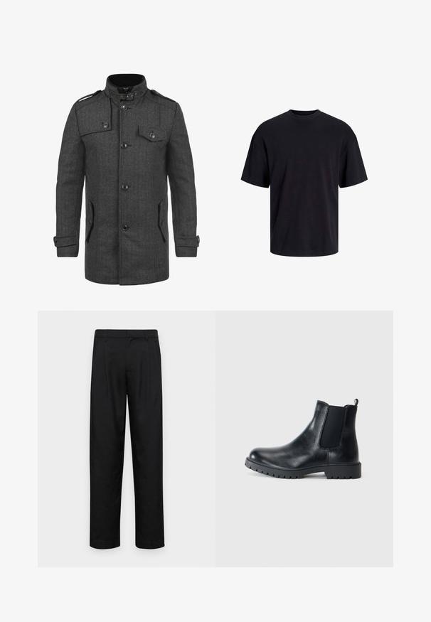 Dunkelgrauer Mantel mit Fischgrätmuster, hohem Kragen, vier Vordertaschen, Knöpfen und Schulterklappen; aus strukturiertem Stoff gefertigt.; Schwarzes Baumwoll-T-Shirt mit Rundhalsausschnitt, kurzen Ärmeln und lässiger Passform. Glatte Oberflächenstruktur und keine sichtbaren Muster oder Akzente.; Schwarze Hose aus glattem Stoff, mit geradem Bein Design, zwei vorderen Falten und einem Standardbund mit Gürtelschlaufen.; Schwarze Leder Chelsea-Boots mit elastischen Seiteneinsätzen, runder Zehenform und gummierter Profilsohle. Minimalistisches Design mit einer Zuglasche.