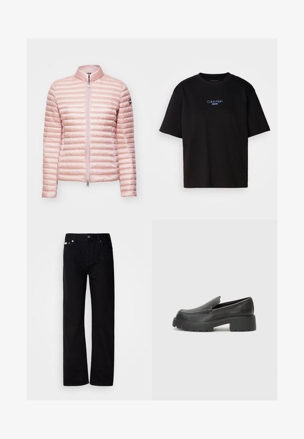 Ροζ, φουσκωτό μπουφάν με όρθιο γιακά, φερμουάρ μπροστά και ελαστικούς καρπούς. Διαθέτει οριζόντιες καπιτονέ λωρίδες και λογότυπο στο μανίκι.; Μαύρο βαμβακερό t-shirt με στρογγυλή λαιμόκοψη, κοντά μανίκια και μπλε κεντημένο λογότυπο "Calvin Klein JEANS" στην μπροστινή πλευρά.; Μαύρο τζιν παντελόνι straight-leg με πέντε τσέπες, ασημένιες καστόνια και κουμπί κλεισίματος. Το ύφασμα έχει μια λείο, ελαφρώς υφασμένο φινίρισμα.; Μαύρα δερμάτινα loafers με στρογγυλή μύτη, χοντρή υφή σόλας και ελάχιστες ραφές. Κομψός σχεδιασμός χωρίς ορατά κορδόνια ή μεταλλικά στοιχεία.