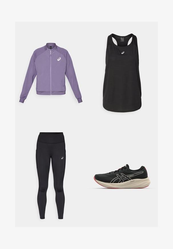 Purple athletic jacket with a zip front, mesh panels on shoulders, ribbed cuffs, and a white logo on the left chest. Lightweight fabric.; Black athletic tank top made of lightweight fabric. Features a round neckline, racerback design, and a small white logo on the front.; Black leggings with a high waistband, made from smooth, stretchy material. Features a subtle logo on the thigh and side pockets.; Black running shoe with a mesh upper and white accents. Features a cushioned midsole and red outsole detail. Lightweight design.