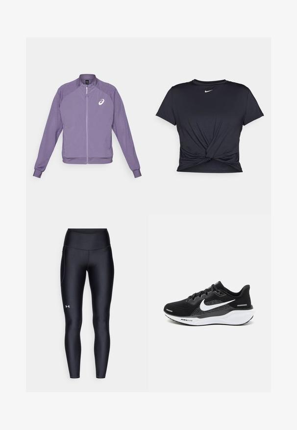 Lilla atletisk jakke med lynlås foran, mesh-paneler på skuldrene, ribbede manchetter og et hvidt logo på venstre bryst. Letvægtsstof.; Sort atletisk t-shirt lavet af glat stof, med et knyttet frontdesign og et lille hvidt Nike-logo på brystet.; Sorte leggings lavet af glat, strækbart materiale med høj talje. Har et hvidt logo på venstre lår og en tætsiddende design.; Sort atletiksko med en mesh-overdel, et hvidt Nike-swoosh og en hvid polstret sål med teksturerede detaljer.