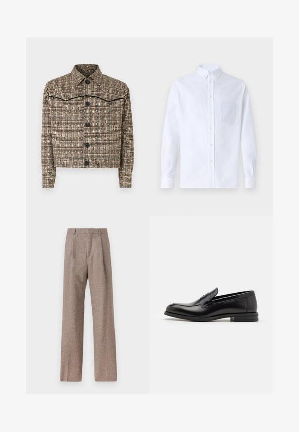 Geruite cropped jas in beige, roest, en zwarte stof. Voorzien van een kraag, lange mouwen en vijf zwarte knopen met een bloemenpatroon.; Witte lange mouwen overhemd van katoen, met een borstzak met tonale borduring, een kraag en knopenmanchetten.; Bruine, hooggewaisted broeken van een gestructureerde stof. Heeft wijde benen en twee voorplooien voor extra structuur. Net afgewerkt zonder zichtbare hardware.; Zwarte leren instappers met een gladde textuur, ronde neus en een decoratieve band over de wreef. Lage, gestapelde hak en minimalistisch ontwerp.