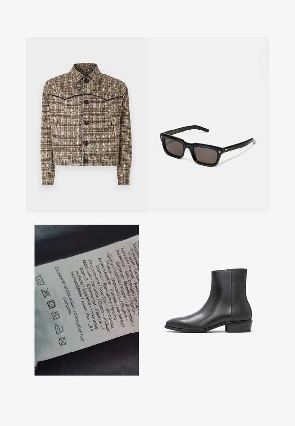 Karierte, kurze Jacke aus beigem, rosa und schwarzem Stoff. Verfügt über einen Kragen, lange Ärmel und fünf schwarze Knöpfe mit einem Blumenmuster.; Weiße oversized Baumwoll-T-Shirt mit Rundhalsausschnitt, kurzen Ärmeln und einem eingenähten Etikett im Ausschnitt. Glatte Textur, minimalistisches Design.; Etikett mit mehrsprachigem Text, Pflegehinweisen und Recycling-Symbolen, auf einem weichen, textilähnlichen Material in heller Farbe gedruckt.; ALDO PILLOWWALK+FLEX INSIDE ZIP AMUR - Stiefelette - open black; Schwarze rechteckige Sonnenbrille mit dunklen Gläsern, dickem Kunststoffrahmen, goldenen Akzenten an den Bügeln und eingraviertem Markenlogo am Arm.