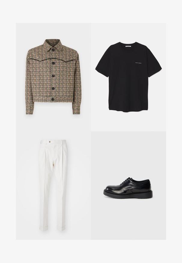Chaqueta cortada de cuadros en tela beige, rosa y negra. Presenta un cuello, mangas largas y cinco botones negros con un patrón floral.; Camiseta de algodón negra con cuello redondo, mangas cortas y un estampado de logo blanco en el lado izquierdo del pecho. Diseño simple y de color sólido.; Pantalones blancos, ajustados, con un frente plano, dos pliegues y puños enrollados. Hechos de una tela suave con un cierre de botón en la cintura.; Zapato negro de cuero con cordones, punta redondeada, superficie lisa y suela de goma gruesa con surcos sutiles para tracción.