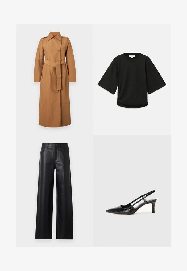 Dvojřadý trenčkot v světle hnědé barvě z bavlny s páskem v pase, ramenními epoletami a dlouhými rukávy. Hladká textura s minimálním kovovým příslušenstvím.; Černé triko s krátkým rukávem vyrobené z měkké bavlny, s kulatým výstřihem a uvolněným střihem se jemným nařaseným detailem na boku.; Široké černé kožené kalhoty s hladkou texturou, s předními kapsami, zapínáním na knoflík a jemnými švy.; Černé lakované slingback podpatky s špičatou špičkou, zdobené texturovaným hadím vzorem, nastavovacím páskem a krátkým texturovaným blokovým podpatkem.