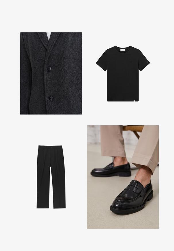 Ombre Cappotto classico - dark grey melange; T-shirt nera a maniche corte in cotone, con scollatura rotonda e un piccolo logo ricamato sul petto. Tessuto liscio, vestibilità standard.; Pantaloni neri con un design a gamba dritta, realizzati in un tessuto liscio. Presentano pieghe frontali e una chiusura a un bottone in vita.; Mocassini in pelle nera con finitura liscia, dotati di una cintura decorativa e cuciture a contrasto, abbinati a pantaloni beige.