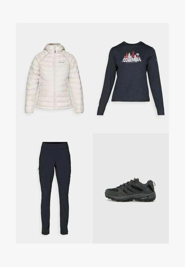 Giacca isolata bianca con cappuccio, dotata di una chiusura con zip, due tasche laterali e un orlo a coste. Realizzata in materiale sintetico liscio.; Maglietta a maniche lunghe grigia scura con una grafica di alberi rossi e montagne; logo "COLUMBIA" in caratteri bianchi in grassetto. Tessuto morbido, scollatura a girocollo standard.; Pantaloni sportivi neri con vestibilità aderente, vita elastica e una tasca laterale con zip. Tessuto liscio e elasticizzato con cuciture minime.; Columbia REDMOND - Scarpa da hiking - black/citron haze