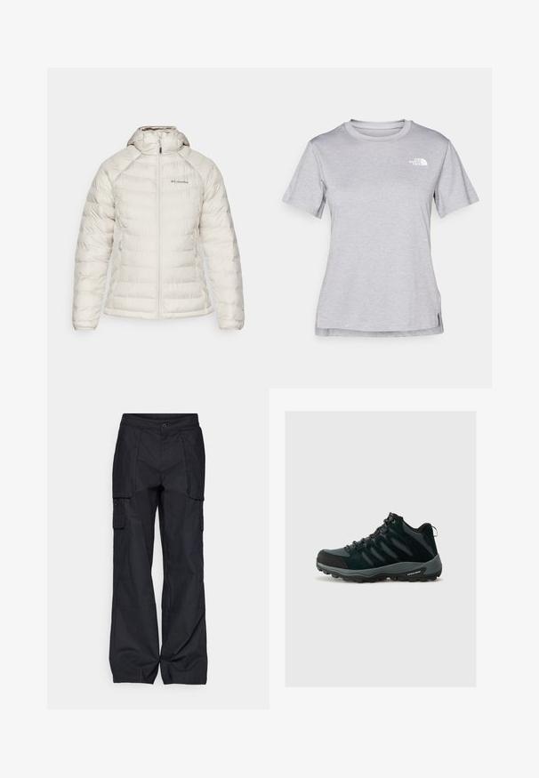 Balta izolēta jaka ar kapuci, ar rāvējslēdzēju priekšā, divām sānu kabatām un ribotu apakšmalu. Izgatavota no gludas sintētiskas materiāla.; Pelēks īsām piedurknēm T-krekls, kas izgatavots no mīksta, mitrumu noturoša auduma. Tam ir apaļš kakls un neliels balts logo kreisajā augšējā stūrī.; Columbia BREA FALLS™ COTTON RIPSTOP PANT - Āra bikses - black; Columbia REDMOND - Pārgājienu apavi - black/citron haze