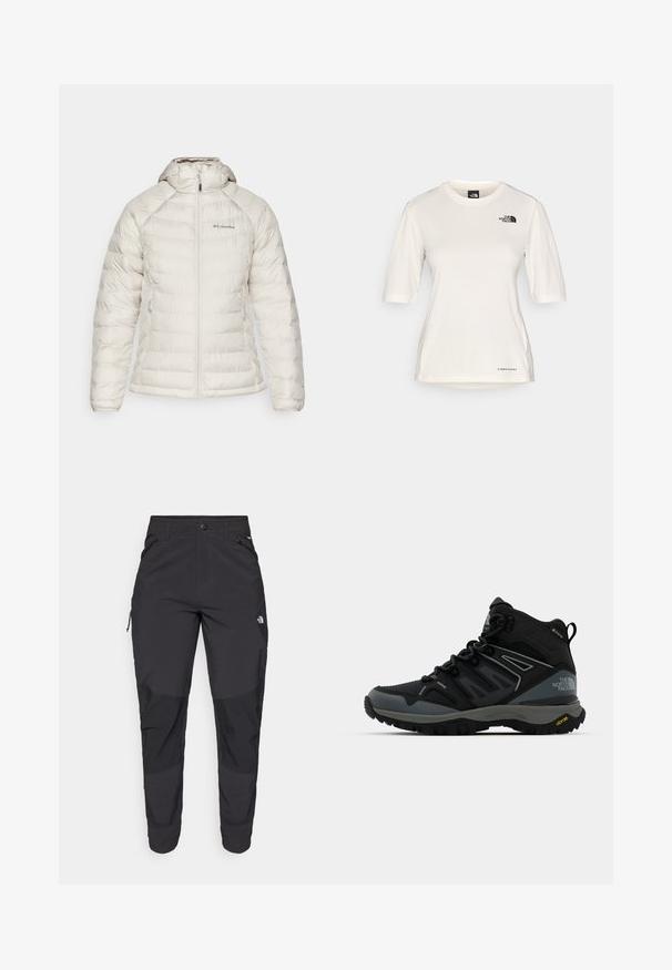 Biela zateplená bunda s kapucňou, s predným zipsom, dvoma bočnými vreckami a rebrovaným lemom. Vyrobená z hladkého syntetického materiálu.; The North Face SHADOW SHORT SLEEVE - Športové tričko - white dune; Čierne vonkajšie nohavice vyrobené z odolného materiálu. Obsahujú vrecká na zips, zosilnené kolenné panely a rovný strih pre pohyblivosť.; Stredne vysoká turistická obuv v čiernej a sivej farbe. Má textúrovaný zvršok, spevnenú špičku a Vibram podrážku pre lepšiu trakciu. Ľahký dizajn.