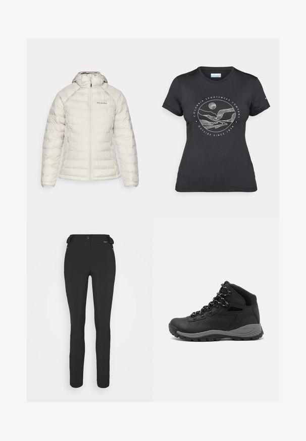 Giacca isolata bianca con cappuccio, dotata di una chiusura con zip, due tasche laterali e un orlo a coste. Realizzata in materiale sintetico liscio.; Maglietta nera Columbia con arte lineare bianca di una montagna circolare e un fiume, e il testo "Columbia Sportswear Company Outside Since 1938."; Pantaloni neri aderenti realizzati in materiale flessibile. Presentano una tasca laterale con zip, ginocchia articolate e una texture liscia.; Stivale da trekking nero con design a metà altezza, dotato di una tomaia texturizzata, accenti grigi e suola in gomma resistente con tasselli per la trazione.