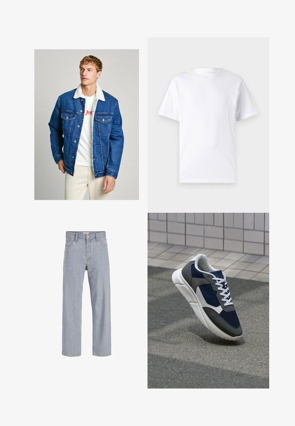 Jeansjacka med fårskinnskrage, mörkblå färg, knappstängning, två bröstfickor och avslappnad passform, bärs över en vit t-shirt.; Vit kortärmad t-shirt i bomull med rund halsringning, som har en slät textur och en enkel design utan mönster eller accenter.; Ljusblå denimjeans med en avslappnad passform, rak bendesign, synlig sömnad, två framtida fickor och knappstängning.; Sko med överdel i marinblå mesh, grå mockadetaljer, vit gummisula och platta vita snören, designad för komfort och andningsförmåga.