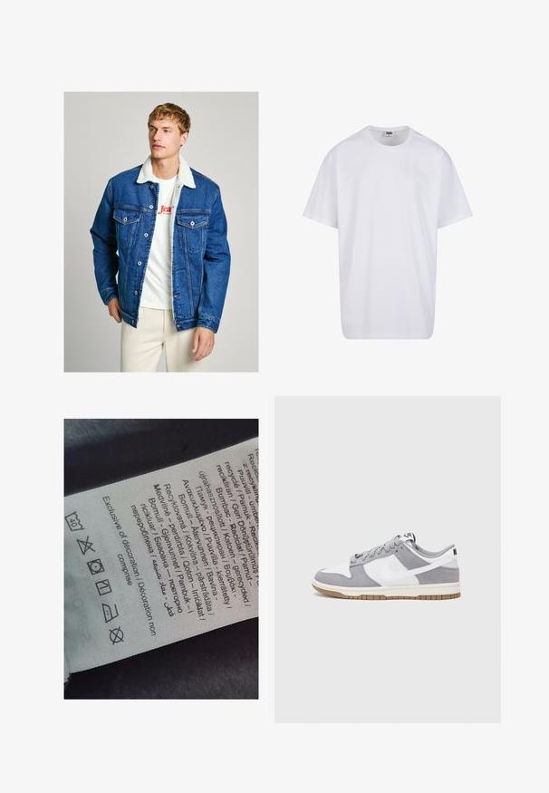 Džínsová bunda so šerlingovým golierom, tmavomodrá farba, zapínanie na gombíky, dve náprsné vrecká a voľný strih, nosená cez biele tričko.; Biela bavlnená tričko s krátkymi rukávmi, okrúhlym výstrihom, uvoľneným strihom a žiadnymi viditeľnými logami alebo vzormi. Hladká textúra a minimálny dizajn.; Štítok s viacjazyčným textom, symbolmi starostlivosti a ikonami recyklácie, vytlačený na jemnom textilnom materiáli svetlej farby.; Sivé a biele tenisky s vrchom z semišu a kože, zaoblenou špičkou, plochými šnúrkami a gumovou podrážkou s akcentom vo farbe gumy.