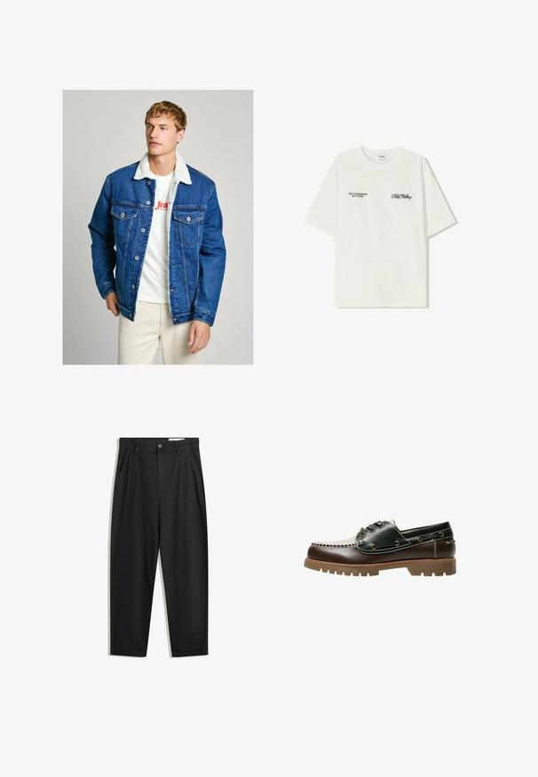 Jeansjacke mit Schaffellkragen, in tiefblauer Farbe, mit Knopfverschluss, zwei Brusttaschen und lockerer Passform, getragen über einem weißen T-Shirt.; Weißes Baumwoll-T-Shirt mit kurzen Ärmeln. Auf der Vorderseite befindet sich schwarzer Text: „NICHT MORGEN NICHT HEUTE“ und „DIE KUNST DES DIRT MOVING“ in grüner Schrift.; Schwarze Baumwollhose mit lockerem Schnitt, ausgestattet mit einem klassischen Bund, vorderen Falten und Seiten taschen. Glatte Textur ohne Muster.; Braune und grüne Lederbootsschuhe mit einem weißen gestickten Design, runden Schnürsenkeln und einer strukturierten Gummisohle. Robuste Bauweise mit Metallösen.