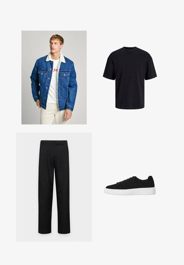 Džinsinė striukė su avių kailio apykakle, tamsiai mėlynos spalvos, mygtukų uždarymas, dvi krūtinės kišenės ir laisvas stilius, dėvima virš baltos marškinėlių.; Juodas medvilninis marškinėlis su apvaliu iškirpimu, trumpomis rankovėmis ir laisvu siluetu. Glotni tekstūra, be matomų raštų ar akcentų.; Juodi kelnių modeliai, pagaminti iš lygios medžiagos, turi tiesią kojas, du priekiniai klostės ir standartinę juosmenį su diržo kilpomis.; Juodas zomšiniai sportbačiai su apvaliu nosiu, raišteliais priekyje ir baltu guminiu padu. Paprastas dizainas su minimaliais akcentais ir lygiu paviršiumi.