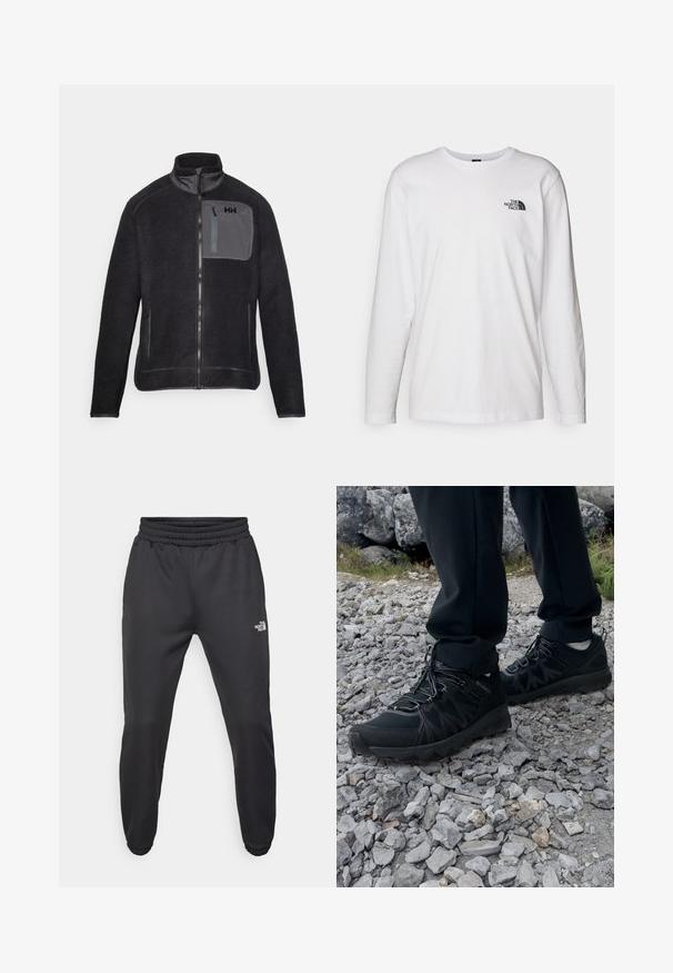 Dunkelblaue Fleecejacke mit hohem Kragen, durchgehendem Reißverschluss und grauer Brusttasche. Verfügt über Seitentaschen und strukturierten Stoff.; Weißes langärmliges T-Shirt aus Baumwolle mit Rundhalsausschnitt. Verfügt über ein kleines schwarzes Logo auf der Brust. Glatte Textur, reguläre Passform.; Schwarze Jogginghose mit verstellbarem Bund, schlanker Passform, elastischen Bündchen und einem kleinen weißen Logo am linken Oberschenkel, hergestellt aus glattem Stoff.; Schwarze Outdoor-Schuhe aus Mesh und synthetischem Material, mit einer strukturierten Oberseite, gesichertem Schnürsystem und griffiger Laufsohle, auf felsigem Gelände.
