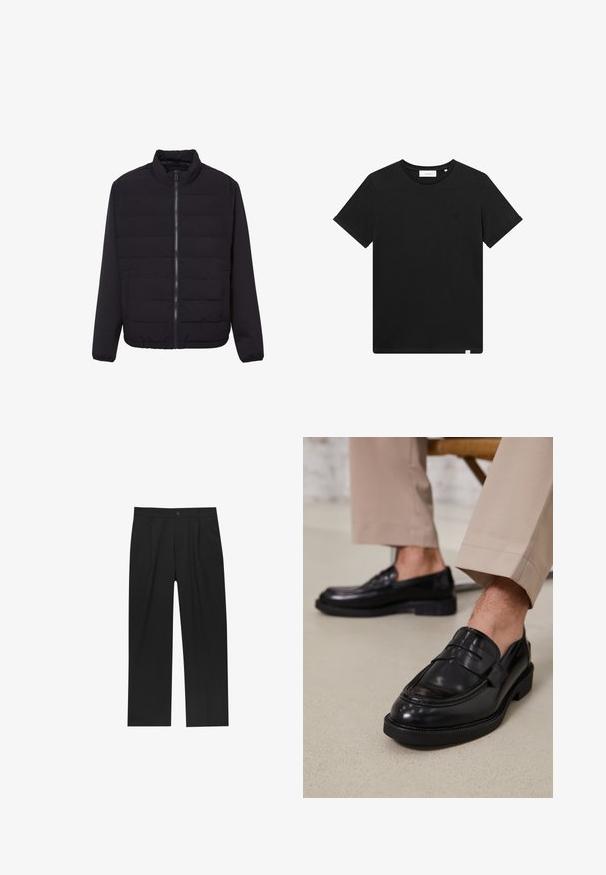 Giacca nera trapuntata con zip frontale completa, colletto alto, maniche lunghe e tasche laterali, mostrata su uno sfondo bianco.; T-shirt nera a maniche corte in cotone, con scollatura rotonda e un piccolo logo ricamato sul petto. Tessuto liscio, vestibilità standard.; Pantaloni neri con un design a gamba dritta, realizzati in un tessuto liscio. Presentano pieghe frontali e una chiusura a un bottone in vita.; Mocassini in pelle nera con finitura liscia, dotati di una cintura decorativa e cuciture a contrasto, abbinati a pantaloni beige.