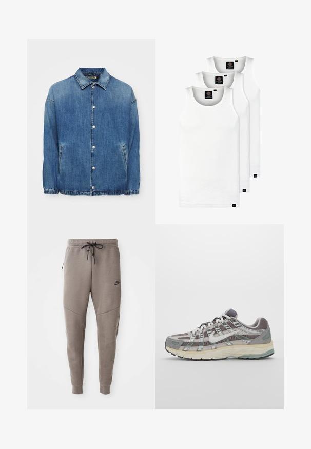 Denim jacket in medium blue with a collared neck, front snap buttons, side pockets, and elastic cuffs for a relaxed fit.; Three white ribbed tank tops made of cotton. Features a crew neck and small black labels near the hem. Available in multiple sizes.; Gray Nike sweatpants with a drawstring waistband, tapered legs, side pockets, and distinct seam detailing. Soft, textured fabric.; Gray athletic shoe featuring a mesh and suede upper, white accents, a cushioned sole, and a distinctive design with reflective elements.