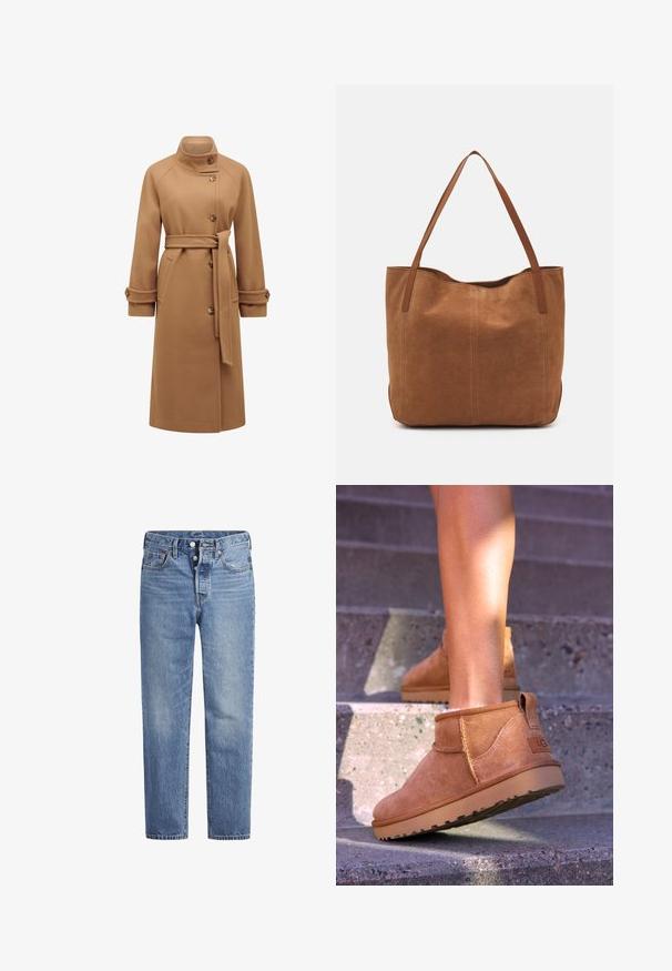 Kameli-pruuni villasegu mantli kõrge kraega, nööbiga kinnitamine, vöö piha peal ja küljetaskud. Omab rullitud varrukaid ja sirget lõiget.; Kreemivärvi nöörkootud sviiter pikemate varrukatega, soonikvarrukate ja alläärega, millel on vasakul rinnal väike broderi logo.; Heled sinised teksad sirge lõikega, viie tasku disainiga ja nööpidega kinni. Omavad kerget pleekimist ja oranže õmblusi.; Kergedest nahast pahklu ботинки pehme tekstuuriga, õmmeldud detailide ja kummist tallaga, millel on sanga kand kergesti selga panemiseks.; Pruun nubukist kott kahe pika sangaga, millel on sile tekstuur, lihtne disain ja nähtavad riistvara või aksessuaarid puuduvad.