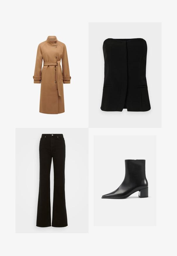 Impermeabil din lână de culoare cămilă, cu guler înalt, închidere cu nasturi, curea la talie și buzunare laterale. Are manșete răsucite și o croială dreaptă.; Top negru, fără mâneci, cu decolteu drept, placket frontal și două buzunare laterale ascunse. Țesătură fină cu un design îmbrăcat.; Jeans negre cu talie înaltă, evazați, din denim, cu închidere prin buton, buzunare laterale și o textură netedă.; Botină neagră din piele, cu vârful ascuțit, textură netedă și toc mediu bloc. Design minimalist, închidere cu fermoar la spate.