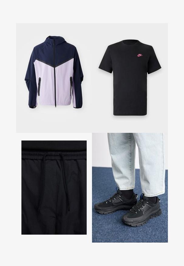 Nike lightweight jacket, navy and light purple color blocks, zip front, hooded, features black zippers and half-panel design on shoulders.; Black cotton t-shirt with a round neckline and short sleeves. Features a pink Nike logo on the upper left side. Smooth texture.; Black shorts featuring a drawstring waistband, lightweight fabric with a smooth texture, and a simple design without visible logos or patterns.; Black athletic shoes with textured fabric and rubber soles, featuring elastic laces and a blue accent on the heel. Worn with light denim pants.