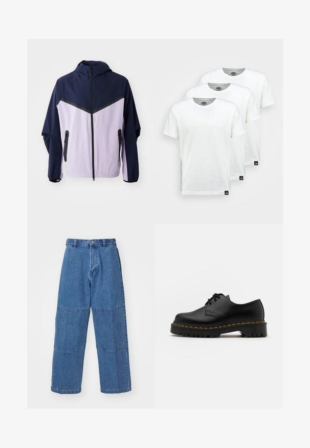 Nike lightweight jacket, navy and light purple color blocks, zip front, hooded, features black zippers and half-panel design on shoulders.; Three plain white cotton t-shirts with short sleeves. Each shirt features a round neckline and a small black logo tag on the left side.; Light blue denim pants with a relaxed fit, featuring two distinct fabric panels, a front button closure, and wide legs.; Black leather lace-up shoe with a rounded toe, textured rubber sole, and yellow stitching around the base. Flat design and smooth finish.
