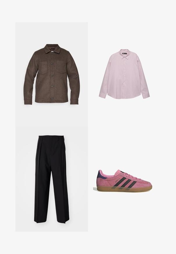Bruine wollen jas met knoopsluiting, puntige kraag en twee borstzakken. Heeft een zachte textuur en een casual ontwerp.; Lichtroze button-up overhemd met verticale blauwe strepen, kraag, lange mouwen en een losse pasvorm. Gemaakt van een soepele stof met een lichte glans.; Zwarte geplooide broeken met een rechte, brede pijpontwerp. Gemaakt van soepele stof, met een knoopsluiting en riemlussen.; Roze suède sneaker met zwarte strepen, rubberen zool en textuur op de paarse hak. Voorzien van een vetersluiting en opgedrukte merknaam aan de zijkant.