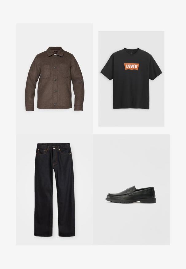 Brown, wool jacket with a button-front, pointed collar, and two chest pockets. Features a soft texture and a casual design.; Black cotton t-shirt featuring a large orange Levi's logo on the front, short sleeves, and a crew neck design.; Men’s straight-leg black denim jeans with five pockets and orange stitching, button and zip closure on front waistband.; Black leather loafers with a smooth finish, moccasin-style upper, stitched detailing, and a rubber sole. Classic design with a low heel.