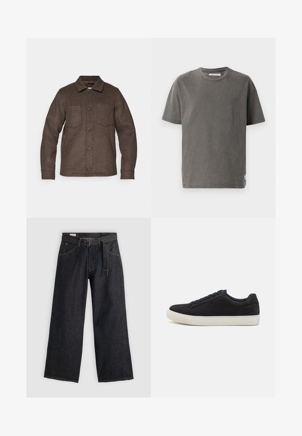 Hnědá vlna bunda s knoflíkovým zapínáním vpředu, špičatým límcem a dvěma náprsními kapsami. Má měkkou texturu a ležérní design.; Šedé bavlněné tričko s krátkým rukávem a kulatým výstřihem, které má mírně vybledlou texturu a boční rozparek na spodním okraji pro zdůraznění detailu.; Tmavé denimové kalhoty s širokými nohavicemi a páskem v pase, s předními kapsami a kontrastním prošíváním. Hladká textura s čistým designem.; Černé semišové tenisky s kulatou špičkou, bílou gumovou podrážkou, kontrastními modrými šňůrkami a hladkým povrchem. Minimalistický design bez viditelného loga.