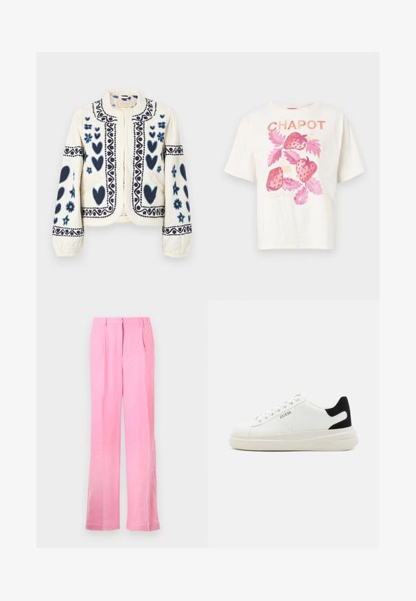 Cremefarbene Jacke mit marineblauen, gestickten Herzen und Blumen, mit Rundkragen und elastischen Bündchen, aus strukturiertem Stoff in taillierter Passform.; Übergroßes weißes Baumwoll-T-Shirt mit einem pinken Erdbeerprint und grünen Blättern sowie dem Wort "CHAPOT" in orangefarbener Schrift über dem Design.; Rosenrote Leinenhose mit entspannter Passform, ausgestattet mit Vorderfalten, einem Knopfverschluss und Seitentaschen. Glatte Textur und gerades Bein.; Weiße Leder-Sneaker mit einer dicken weißen Sohle, schwarzem Wildlederakzent an der Ferse und geprägtem Logo an der Seite. Schnürdesign mit sechs Ösen.