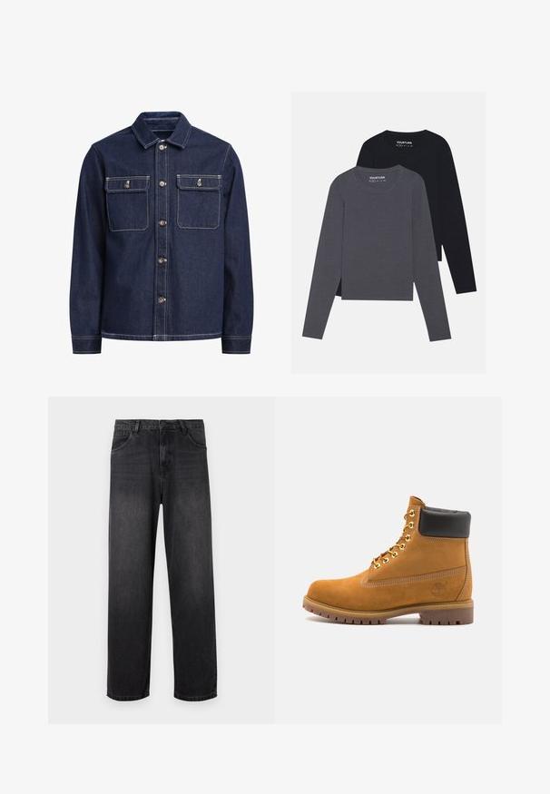 Redefined Rebel THOMAS OVERSHIRT BOXY FIT - Cowboyjakker - raw denim; YOURTURN 2 PACK UNISEX - Langærmet T-shirt - dark grey/black; Mørkegrå denim jeans med lige ben, der har lynlås i gylpen, fem lommer og diskrete falmende detaljer på stoffet.; Tan nubuck ankelstøvle med sort polstret krave, gyldne metaløjer, hvid syning detaljer og robust gummisål med udtalte slidbaner.