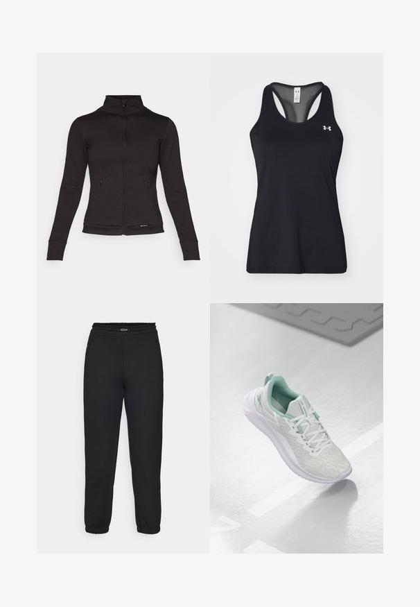 Mustast tõmblukuga jakk kõrge kraega, pikkade varrukatega ja küljetaskutega. Valmistatud siledast materjalist, millel on sobiv disain ja ribatakid.; Mustmust muströga muströiga muströiga sisu, racerback disainiga ja õrn logo detailiga rinnal. Kerge ja hingav materjal.; Champion C-TECH CUFFED PANTS INTERLOCK - Dresside alumine osa - black; Heledad hallitushallide spordijalanõud tekstuurse kudumise ülaosaga, mündiroheline aktsent, valged nöörid, kummist tald ja tõmblõng kandmisel.