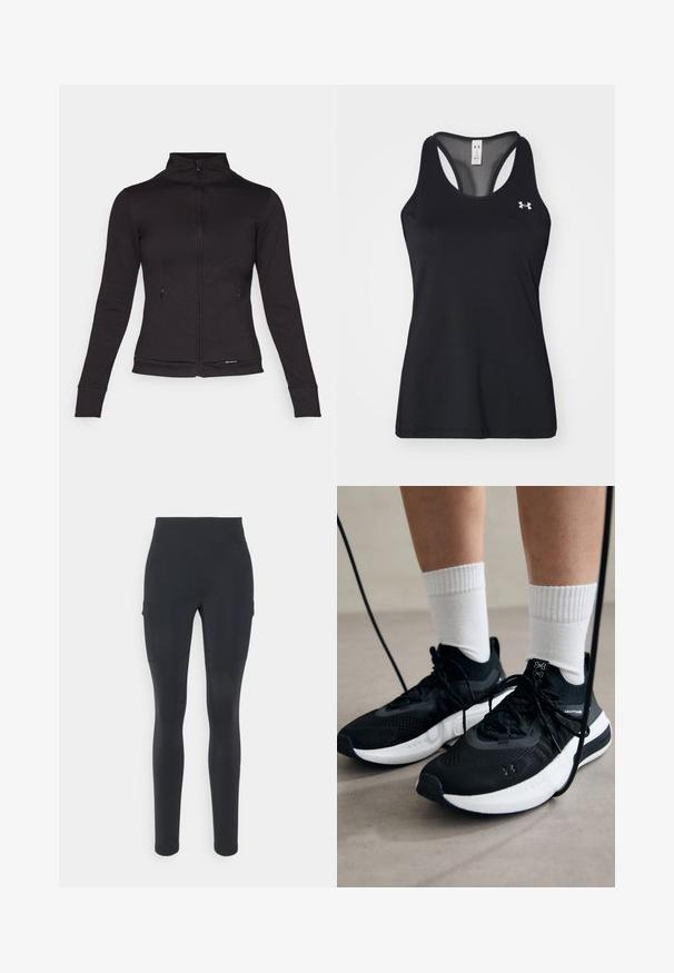 Mustast tõmblukuga jakk kõrge kraega, pikkade varrukatega ja küljetaskutega. Valmistatud siledast materjalist, millel on sobiv disain ja ribatakid.; Mustmust muströga muströiga muströiga sisu, racerback disainiga ja õrn logo detailiga rinnal. Kerge ja hingav materjal.; Mustad kõrge vöökohtadega mustad retuusid, mis on valmistatud venivast kangast. Omab küljetaskut ja siledat tekstuuri. Istuv disain, mis katab pahkluudele.; Mustad mustad jalanõud tekstuuritud kangast, valge tallaga ja mustade paeltega. Kanna valgete soonikkudega sokkide sisse, seistes helesinisel pinnal.