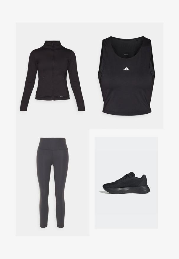 Schwarze Zip-Jacke mit hohem Kragen, langen Ärmeln und seitlichen Taschen. Hergestellt aus einem glatten Material mit taillierter Passform und gerippten Bündchen.; Schwarzes Sport-Crop-Top aus feuchtigkeitsableitendem Material, mit rundem Halsausschnitt, ärmellosem Design und weißem Logo auf der Brust.; Schwarze sportliche Leggings aus dehnbarem Material, mit hoher Taille, schlanker Silhouette und nahtlosem Design ohne Muster.; Schwarze Sportschuhe mit einem Obermaterial aus Mesh, strukturierter Oberfläche und einer geformten Zwischensohle für Unterstützung. Verfügt über traditionelle Schnürung und eine gepolsterte Ferse.