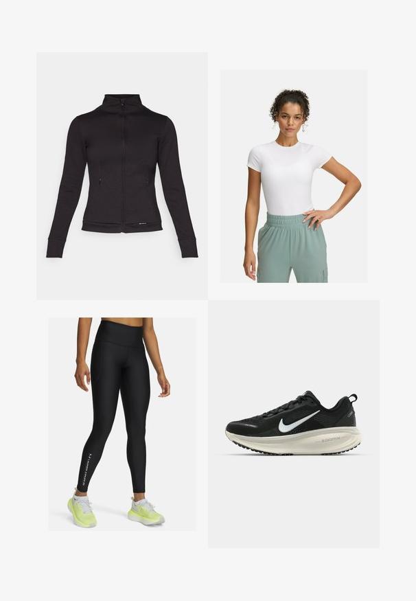 Melnā jaka ar rāvējslēdzēju, augstu apkakli, garām piedurknēm un sānu kabatām. Izgatavota no gluda materiāla ar pieguļošu dizainu un ribinātām aprocēm.; Balta pieguļoša T-kreklā ar īsām piedurknēm, kombinēta ar gaiši zaļām elastīgām biksēm. Gluda tekstūra, minimālisma dizains, bez redzamām rakstainām detaļām.; Melnas sporta legingu bikses ar augstu jostasvietu un sānu šuvēm. Uz apakšējās kājas ir balta logotipa detaļa. Saskaņotas ar gaišām sporta kurpēm.; Melnas Nike skriešanas kurpes ar elpojošu acs augšdaļu, baltu Swoosh logotipu, strukturētu apdari un krēmkrāsas ZoomX starpsole.
