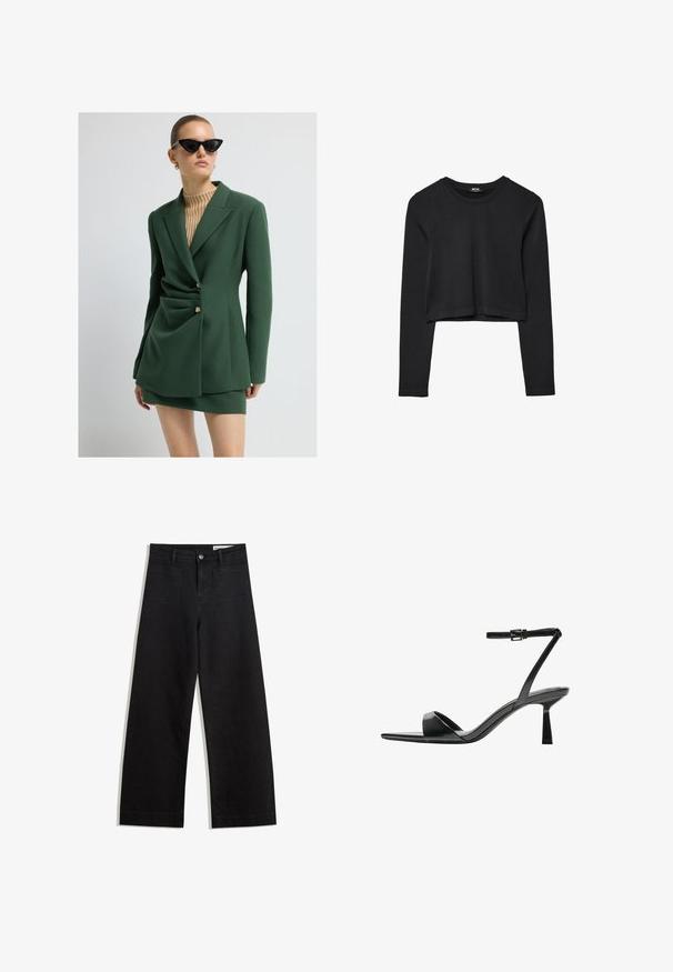 Blazer vert avec un design drapé, un bouton doré unique, et une jupe mini assortie, superposée sur un pull en tricot beige. Lunettes de soleil noires en forme de chat.; Haut court à manches longues noir avec encolure ronde, design uni et ourlet légèrement arrondi.; Pantalon en denim noir à jambes larges avec une taille haute, comprenant des poches avant et arrière, des coutures piquées et une fermeture à bouton. Texture lisse.; Bershka Sandales à talons hauts - black