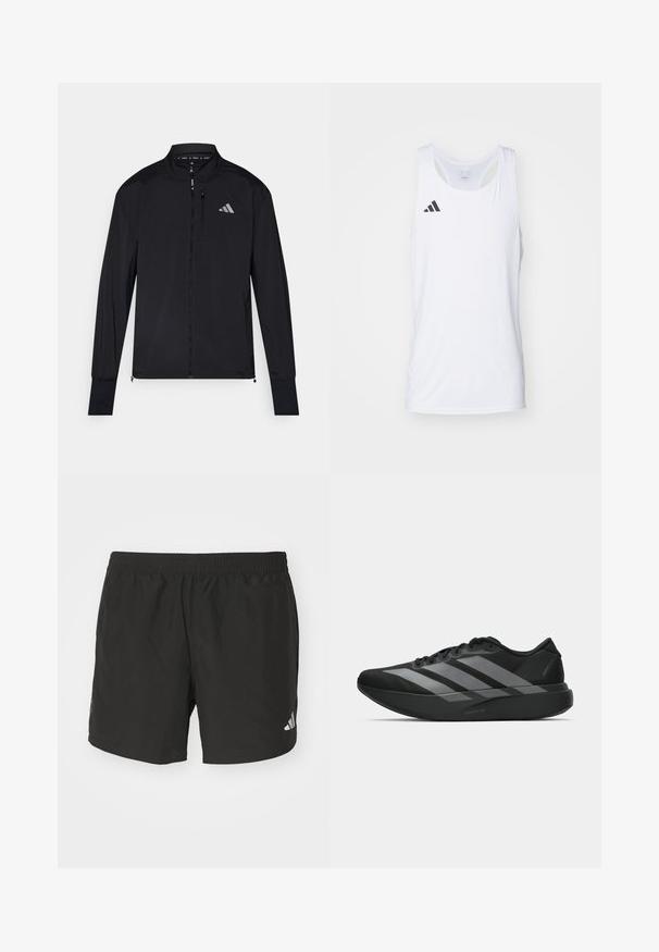 Chaqueta deportiva negra con cremallera frontal completa, cuello alto y mangas largas. Presenta un pequeño logo en el lado izquierdo del pecho y un bolsillo con cremallera. Textura suave.; Camiseta deportiva sin mangas blanca hecha de tejido ligero, con el logo negro de Adidas en el lado izquierdo del pecho y un escote en forma de scoop.; Pantalones cortos deportivos negros con cintura elástica, aberturas laterales y acentos de logo reflectantes. Hechos de una tela liviana y suave.; Zapatillas deportivas negras con un diseño ligero, que presentan tres franjas grises prominentes, una textura suave y una suela contorneada.