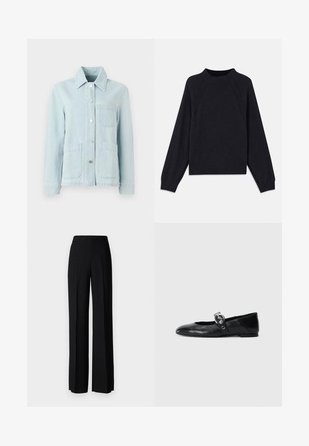 Svijetloplavi traper jakna s ovratnikom, prednjim džepovima i srebrnim gumbima. Tkanina ima glatku teksturu i ležeran dizajn.; Temno modra majica s krožnim izrezom, dolgimi raglan rokavi, rebrastimi manšetami in ravnim robom. Narejena iz mehke, teksturirane pletene tkanine.; Črne široke hlače z gladko teksturo, z visokim pasom in središnjimi pregibi. Brez vidnih vzorcev ali kovinskih detajlov.; Črne usnjene baletne balerinke s koničastim nosom, ki imajo trak z okroglo kovinsko zaponko in ravno podplat.