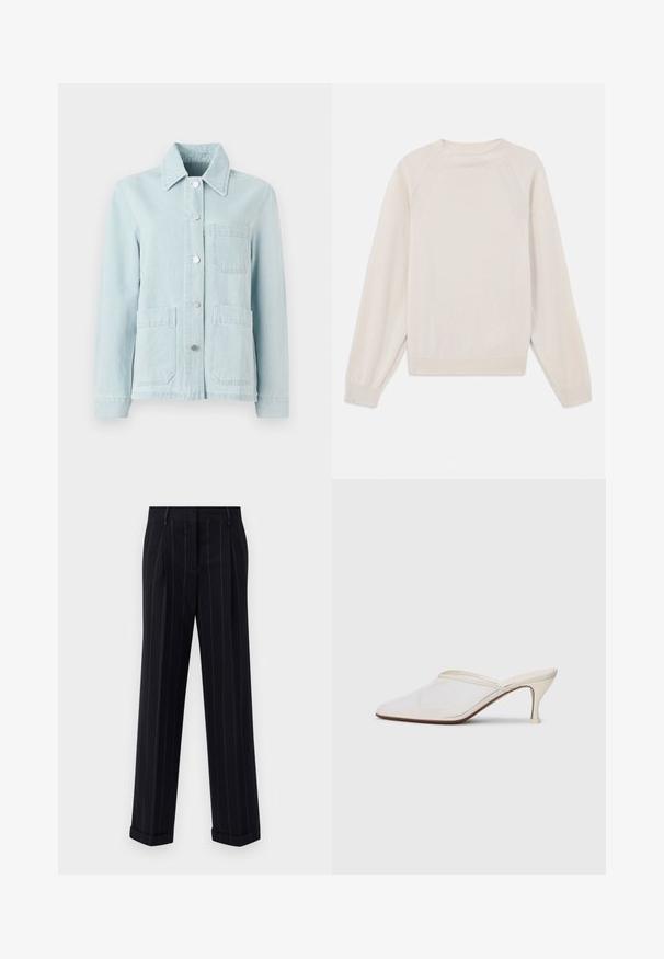 Hele sinine teksajakk kraega, esitaskud ja hõbedased nupud. Kangas on siledan tekstuuriga ja juhusliku kujundusega.; Hele koorvalge kampsun, mis on valmistatud pehmest kudumiskangast. Omab ümarat kaelust, pikki varrukaid ning soonikuga mansette ja äärt, koos raglaansleeve kujundusega.; Mustra mustriga tumeda värvusega püksid, millel on kohandatud lõige, varras ja ees olevad voldid. Valmistatud siledast kangast, millel on struktureeritud disain.; Valge võrkmaterjalist teravatoa mulli king, millel on peen keskmise kõrgusega konts ja libisev disain, tühjal taustal.