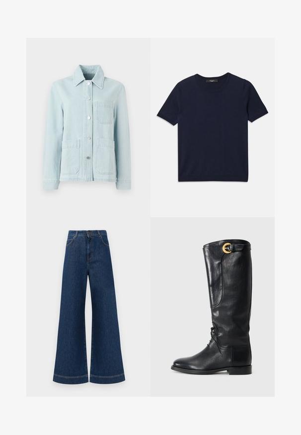 Svijetloplavi traper jakna s ovratnikom, prednjim džepovima i srebrnim gumbima. Tkanina ima glatku teksturu i ležeran dizajn.; Temno modra kratka majica z mehkega materiala, kroga vratu in z rebrastimi robovi, gladka tekstura ter brez vidnih vzorcev.; Svetlo modri jeans širokih nogavic z visokim pasom, ki imajo zaponko, težke zanke za pas in subtilne šive ob žepih in robovih.; Ženske črne usnjene škornje do kolen, s zaobljenim nosom, spredaj vezane, z bočno dekoracijo in z zlatim okrasnim sponko na vrhu. Gladka površina.