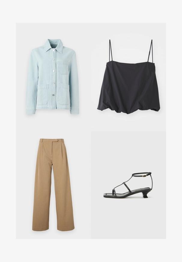 Světlomodrá denimová bunda s límečkem, předními kapsami a stříbrnými knoflíky. Tkanina má hladkou strukturu a ležérní design.; Černý top bez rukávů s tenkými ramínky, volný střih a nařasený lem. Vyrobeno z lehké tkaniny s hladkou strukturou.; Široké kalhoty v světle hnědé barvě, vyrobené z texturované látky. Mají přední skládané detaily a přiléhavý pas. Jednoduchý design bez viditelného hardwaru.; Černá kožená sandál s čtveratou špičkou, tenkými popruhy, nastavitelným kotníkovým popruhem a nízkým podpatkem. Obsahuje malý zlatý akcent na popruhu.
