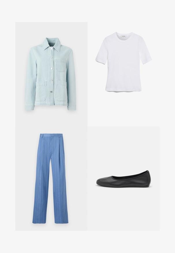 Šviesiai mėlynas džinsinis švarkas su apykakle, priekinėmis kišenėmis ir sidabriniais mygtukais. Audinys turi lygų paviršių ir kasdienį dizainą.; Balta trumpa rankovėmis marškinėliai, pagaminti iš pasiruošusio audinio. Apvali iškirptė, reguliari tinkamumas ir subtilūs siuvimo detalės. Be raštų ar grafikos.; Šviesiai mėlynos plačios kojų kelnės su vertikaliomis baltomis juostelėmis. Pagamintos iš lygaus audinio, turi priekinę raukšlę ir švarų juosmens dizainą.; Juodai odiniai baletai su apvaliu pirštu, lygi texture, minimalus siuvimo detales ir lanksčiu padų dizainu.