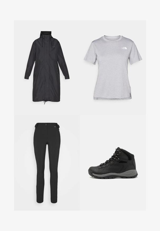Čierny dlhý kabát s vysokým golierom, nastaviteľnými sťahovacími šnúrkami, bočnými vreckami a elastickými manžetami. Vyrobený z hladkého, vodoodpudivého materiálu.; Sivý tričko s krátkym rukávom vyrobené z jemného, vlhkosť odvádzajúceho materiálu. Obsahuje okrúhly výstrih a malé biele logo na hornej ľavej strane.; Čierne, priliehavé nohavice vyrobené z flexibilného materiálu. Medzi vlastnosti patrí zipsová bočná vrecko, tvarované kolená a hladký povrch.; Čierna turistická obuv s polovičným strihom, s textúrovaným zvrškom, šedými akcentmi a odolnou gumovou podrážkou s protišmykovými hrebienkami.